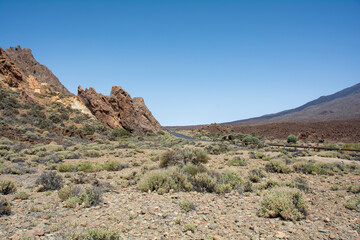 Volcanic landscape and a street  in El Teide National Park on Tenerife, Spain