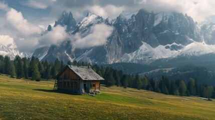 Obraz premium a small cabin middle of a grassy field with mountains backgrouds and clouds sky.