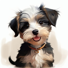 Yorkshire Terrier puppy sitting on white background. Digital painting.