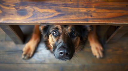 A cute dog standing under the table with a hungry look asking for food. Four-legged friend in top-down image asking for food. - obrazy, fototapety, plakaty