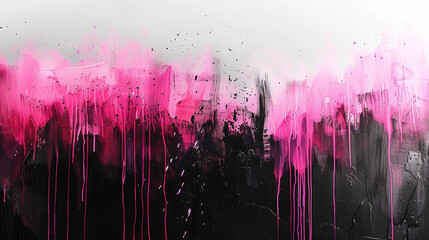 Acrylic pink and black colors in gel. Ink drip. Abstract silver background. 