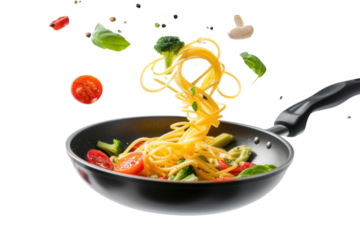 Italian pasta with vegetables floating on a hot pan. Isolated on a transparent white background.