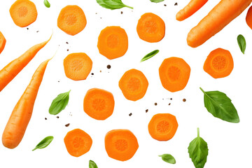 Sliced carrots with leaves on transparent white isolated background. - obrazy, fototapety, plakaty
