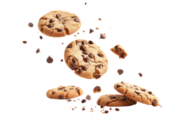 Falling chocolate chip cookies isolated on transparent white background.