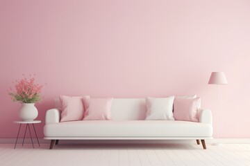 Fototapeta na wymiar Cozy bedroom in a minimalist Scandinavian style with a bed, pillows and with pastel pink walls. 