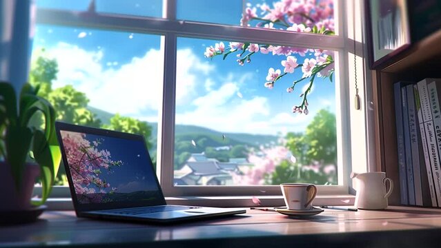Coffee and Laptop on Desk by Window with Spring Flower Decor. seamless looping 4k Time-lapse Looping Animation Background