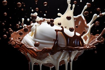 chocolate pieces falling on chocolate sauce and Milk cream splash .