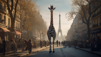 A giraffe is walking in Paris street, background of Eiffel Tower view Paris, France, Based on Generative AI - obrazy, fototapety, plakaty