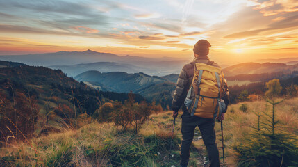 Fototapeta na wymiar Hiking in Mountainous Wilderness with Backpack, Enjoying Sunset Over Peaks, Nature Adventure Activity, Backcountry Trekking Concept, Man Reaching Summit, Sweating Male in Nature's Serene Beauty