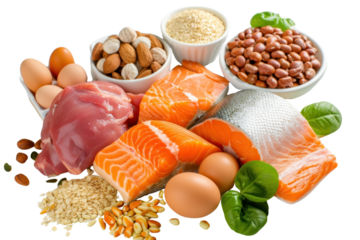 Set of fresh food. Natural food with high protein content on transparent white background.