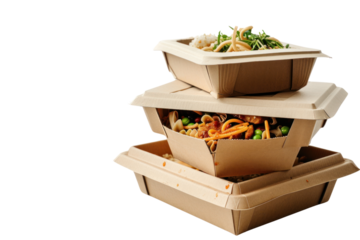 Stacked takeaway cardboard food box on transparent white background.
