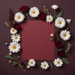an empty white postcard with flowers surrounded on a dark red background