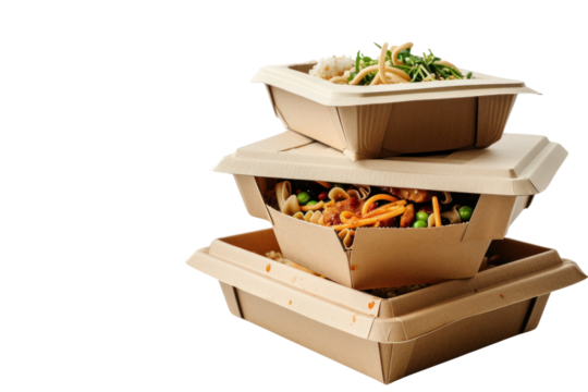Stacked takeaway cardboard food box on transparent white background.