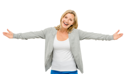 Woman, portrait and open arms on isolated, transparent and png background for happiness and smile. Mature female person, excited and hug in cut out, frame and joy for promotion, celebration or love