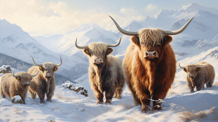  Scottish highlanders in a natural winter landscap