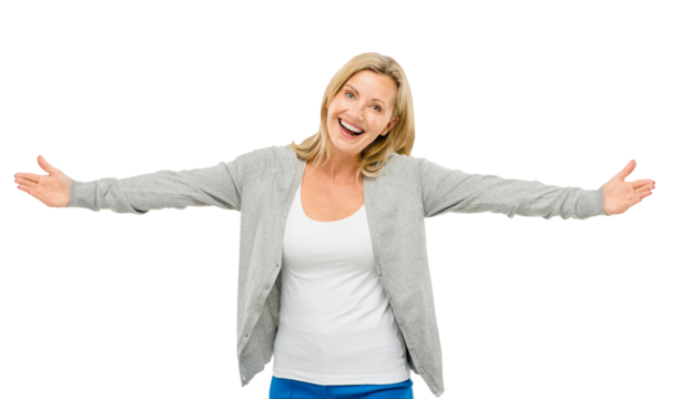 Woman, portrait and open arms on isolated, transparent and png background for happiness and smile. Mature female person, excited and hug in cut out, frame and joy for promotion, celebration or love