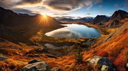a mountain landscape with a lake middle of it and the sun shining over the mountains distance.