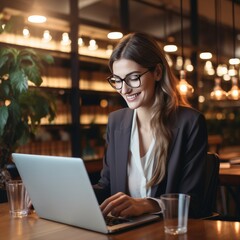 Happiness, laptop and typing professional woman, advocate or government lawyer reading feedback reviews. Corporate research, law firms and business lawyers working on legal project development plans