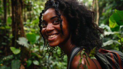 black woman adventurer smiling in the middle of a jungle, half body, cinematic, jungle, travel, nature, adventure