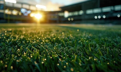 Close up juicy grass baseball field or football or soccer stadium at golden hour