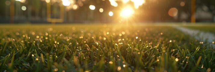 Close up juicy grass baseball field or football or soccer stadium at golden hour - obrazy, fototapety, plakaty
