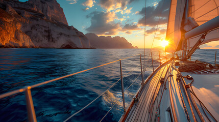 A boat is sailing on the ocean during a sunset. The water is blue and calm, and there are white cliffs in the background. - obrazy, fototapety, plakaty