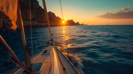 A boat is sailing on the ocean during a sunset. The water is blue and calm, and there are white cliffs in the background.