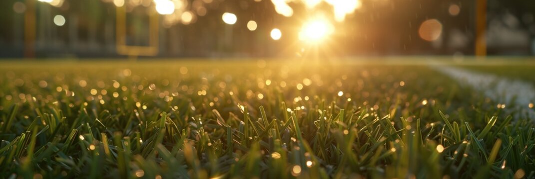 Close up juicy grass baseball field or football or soccer stadium at golden hour