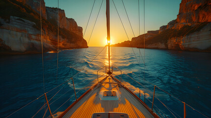 A boat is sailing on the ocean during a sunset. The water is blue and calm, and there are white cliffs in the background.