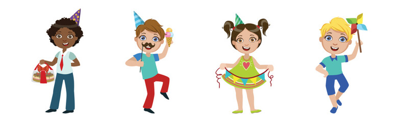 Happy Kids Character Having Fun at Birthday Party Vector Set