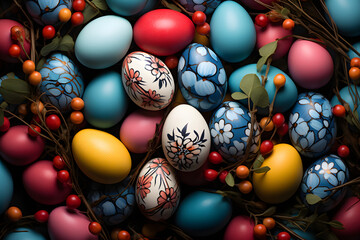 Backdrop of colorful Easter eggs. Easter traditions and celebration. Generative AI.