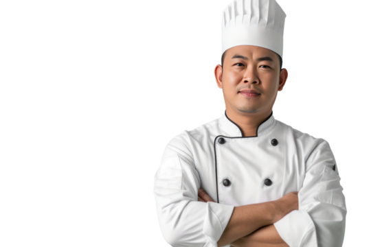 Asian male chef isolated on transparent white background.