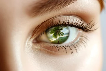 Tuinposter a beautiful female eye in close-up with a palm tree in the pupil of the eye,the concept of recreation and travel,the tourism industry,psychological aspects © Наталья Лазарева