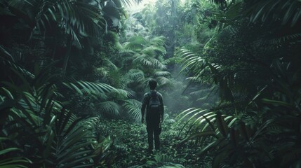 adventurer in the middle of a jungle, cinematic, travel, palms, forest, nature, adventure - Powered by Adobe