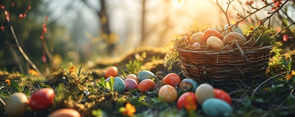 a basket full of colorful eggs in the grass
