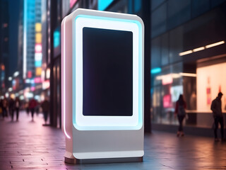 The futuristic modern design of public area information signboard neon screen as touchscreen interactive blank empty white billboard menu smart kiosk machine as street marketing display design.
