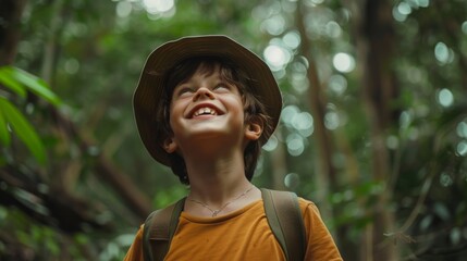 boy adventurer smiling in the middle of a forest, half body, cinematic, nature, travel, adventure