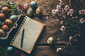 brown wooden background with spring flowers, leaves and copy space
