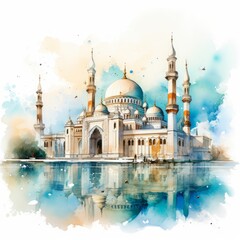 Naklejka premium Abstract watercolor mosque with vibrant colors and watercolor mosque looking with floral and rose belly.