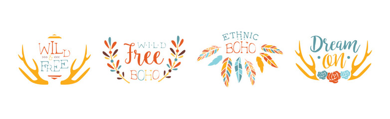 Fototapeta na wymiar Boho Ethnic Logo and Trendy Hipster Sticker Vector Set