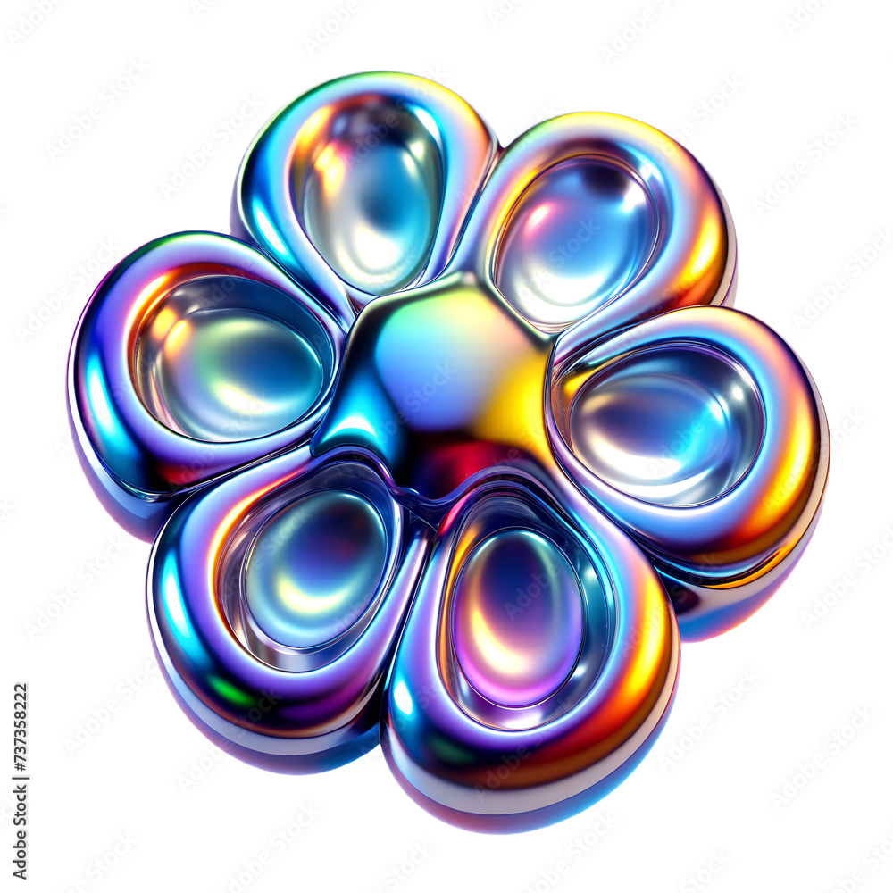 Wall mural 3d flower abstract colorful iridescent chrome design element isolated on transparent background