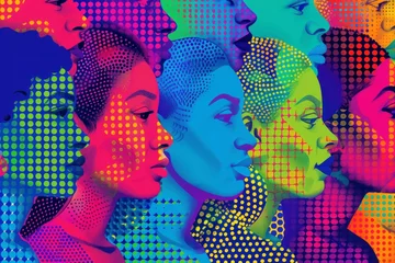 Türaufkleber abstract portraits of female with different faces from around the world,  polka dot pattern in retro pop art style. International Women's Day © Gasi