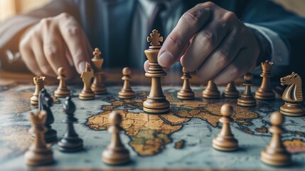 A chess master's hand confidently makes a critical move with the king in a high-stakes game over a world map board.