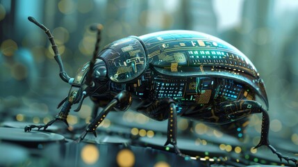 Fototapeta premium A high-tech futuristic bug designed with the characteristics of a digital computer, intended for an illustration