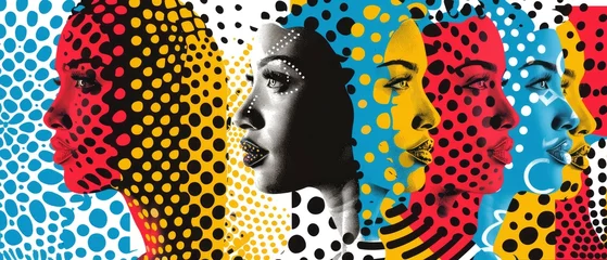 Poster abstract portraits of female with different faces from around the world,  polka dot pattern in retro pop art style. International Women's Day © Gasi