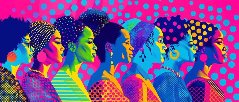 abstract portraits of female with different faces from around the world,  polka dot pattern in retro pop art style. International Women's Day
