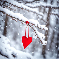 Red heart hanging by a red ribbon on a snowy tree branch