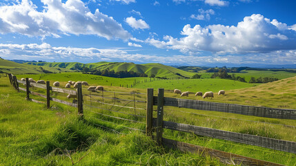 Fototapeta na wymiar Relaxing and Enjoying a Sunny Day at a Picturesque Farm, Beautiful Landscape View of Rolling Hills, Green Fields, Grazing Sheep, Blue Sky and Fluffy Clouds, Rustic Wooden Fence Leading to Distance