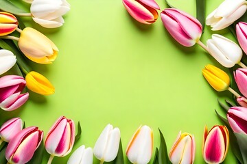 Mother's Day concept, pink yellow and white tulips on  light green background
