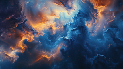 Nebulous clouds of indigo and tangerine collide in a cosmic ballet, creating an abstract celestial tapestry.  - obrazy, fototapety, plakaty